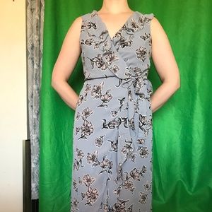 Japna High Low Faux Wrap Sleeveless Grey Floral Chiffon Maxi Dress. Lined. Sz M
